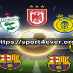 شعارات أندية الزمالك والأهلي والنصر وبرشلونة والهلال والاتحاد حول كرة قدم متوهجة، ترمز لأهم أخبار الرياضة.