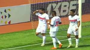 احتفال عدي الدباغ وسيف الجزيري وشيكو بانزا بهدف الزمالك في شباك أوتوهو