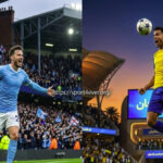 صورة منقسمة تظهر احتفال لاعب بقميص سماوي في ملعب إنجليزي واحتفال آخر برأسية في ملعب سعودي لتوضيح إنجازات مرموش وفوز النصر.