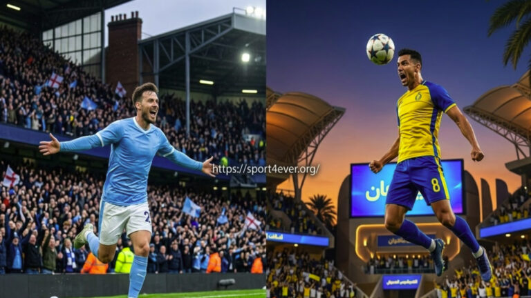 صورة منقسمة تظهر احتفال لاعب بقميص سماوي في ملعب إنجليزي واحتفال آخر برأسية في ملعب سعودي لتوضيح إنجازات مرموش وفوز النصر.