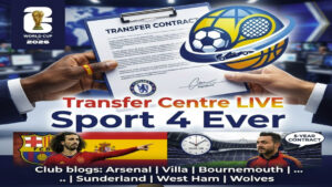 A high-impact sports graphic showing Marc Cucurella in Spain kit (Barcelona target) and Roberto De Zerbi at Tottenham stadium, representing the Transfer Centre LIVE report.