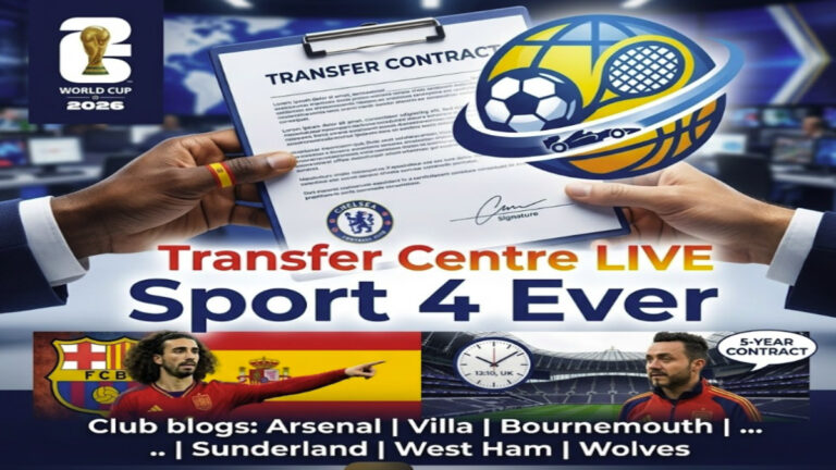 A high-impact sports graphic showing Marc Cucurella in Spain kit (Barcelona target) and Roberto De Zerbi at Tottenham stadium, representing the Transfer Centre LIVE report.