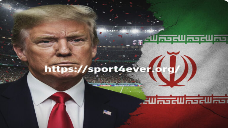 صورة تعبيرية تجمع دونالد ترامب وعلم إيران حول أنباء الانسحاب من كأس العالم، مع رابط موقع sport4ever.org.