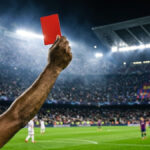 A referee showing a red card during a high-stakes match, symbolizing the Champions League discipline Barcelona crisis and the recent surge in dismissals.