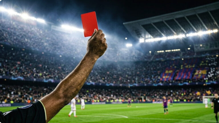 A referee showing a red card during a high-stakes match, symbolizing the Champions League discipline Barcelona crisis and the recent surge in dismissals.