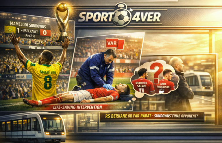 A professional sports collage for Sport 4 Ever featuring Mamelodi Sundowns' CAF celebration, Dr. Khaled Mahmoud's medical heroics in the AFC, and a tactical graphic about Liverpool's plan to replace Mohamed Salah.