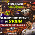 A collage showing football players Enzo Fernandez and Pedri, a police officer in riot gear, and the La Liga logo, highlighting the Islamophobia controversy in Spain.
