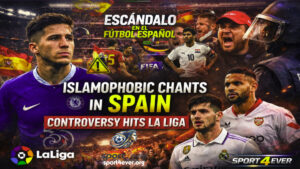 A collage showing football players Enzo Fernandez and Pedri, a police officer in riot gear, and the La Liga logo, highlighting the Islamophobia controversy in Spain.