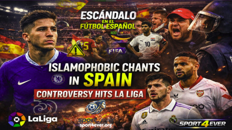 A collage showing football players Enzo Fernandez and Pedri, a police officer in riot gear, and the La Liga logo, highlighting the Islamophobia controversy in Spain.