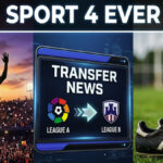 Professional sports collage for Sport 4 Ever showing a football player Mohamed Salah waving goodbye to fans, transfer market icons, and a golden football.