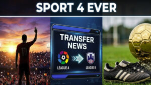 Professional sports collage for Sport 4 Ever showing a football player Mohamed Salah waving goodbye to fans, transfer market icons, and a golden football.