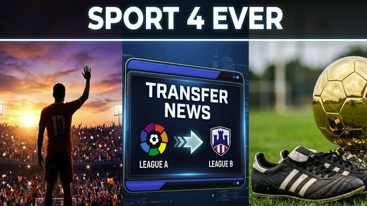 Professional sports collage for Sport 4 Ever showing a football player Mohamed Salah waving goodbye to fans, transfer market icons, and a golden football.