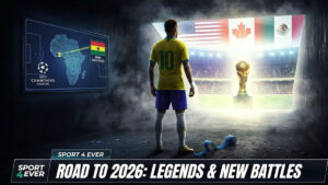 A cinematic back view of a Brazil #10 player in a dark tunnel looking toward the 2026 World Cup trophy with a digital tactics screen showing Ghana and Liverpool logos.