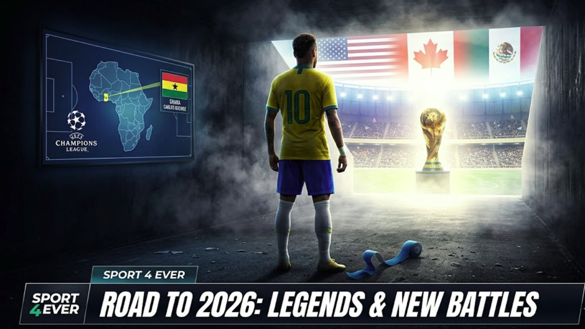 A cinematic back view of a Brazil #10 player in a dark tunnel looking toward the 2026 World Cup trophy with a digital tactics screen showing Ghana and Liverpool logos.