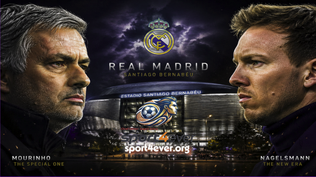 Prospective Real Madrid manager candidates Jose Mourinho and Julian Nagelsmann against the backdrop of the Santiago Bernabéu.