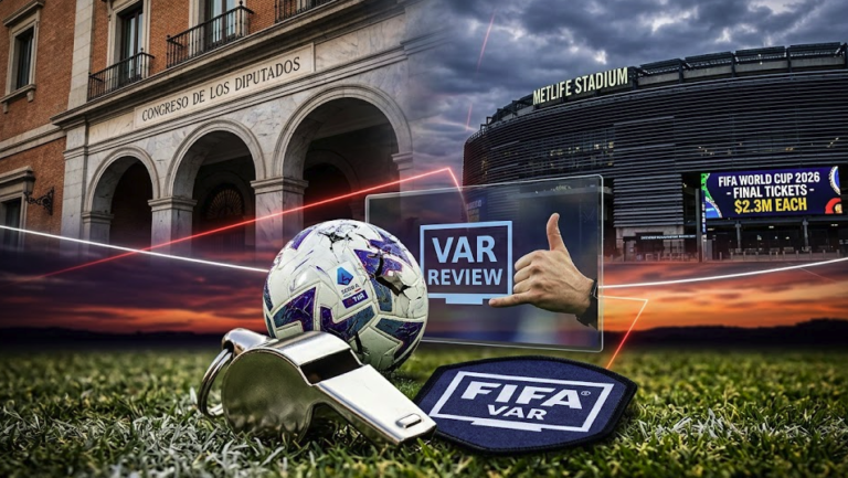 Serie A VAR investigation and FIFA World Cup 2026 final ticket price scandal conceptual image.