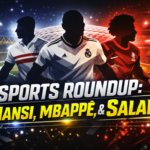 A dynamic sports graphic featuring silhouettes of players in Zamalek, Real Madrid, and Liverpool kits with the text 'SPORTS ROUNDUP: MANSI, MBAPPÉ, & SALAH'.