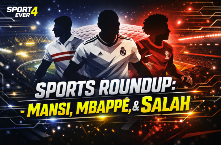 A dynamic sports graphic featuring silhouettes of players in Zamalek, Real Madrid, and Liverpool kits with the text 'SPORTS ROUNDUP: MANSI, MBAPPÉ, & SALAH'.