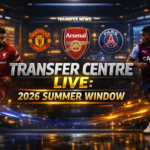 A digital transfer market graphic featuring silhouettes of Premier League players and club logos for Liverpool, Arsenal, and Manchester United under the title 'Transfer Centre Live'.