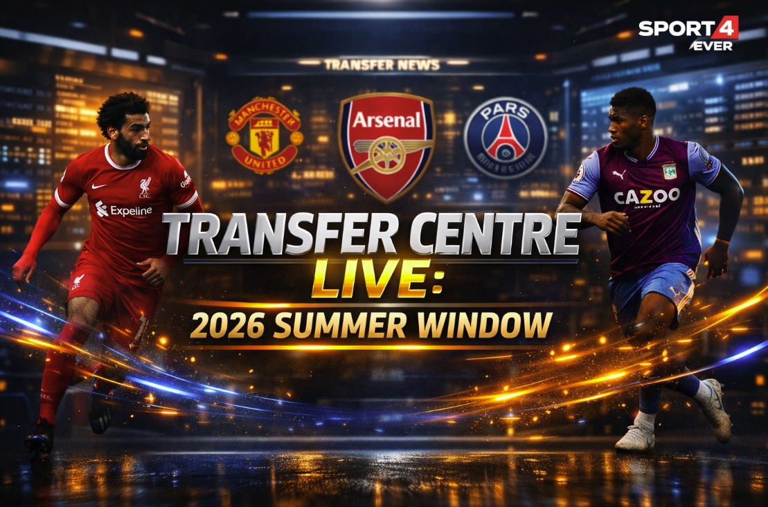 A digital transfer market graphic featuring silhouettes of Premier League players and club logos for Liverpool, Arsenal, and Manchester United under the title 'Transfer Centre Live'.