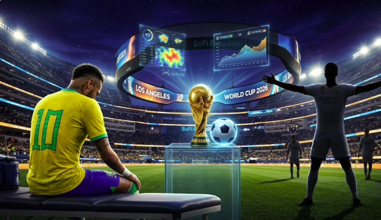 Visual representation of Neymar Jr and Kylian Mbappé preparation for World Cup 2026 at SoFi Stadium in Los Angeles.