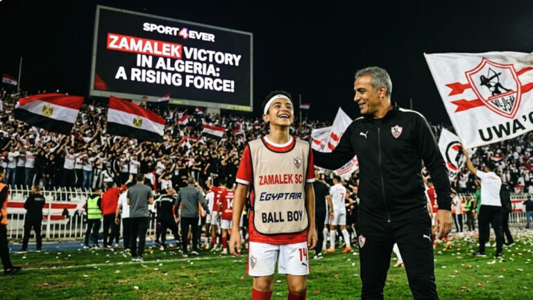 A young ball boy smiling next to a coach in a stadium with Zamalek fans celebrating in the background and a large screen showing "Zamalek Victory in Algeria".