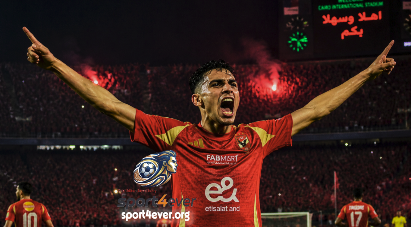 "Achraf Bencharki celebrating a goal for Al Ahly against Zamalek during the Cairo Derby match."