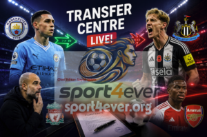 Football transfer news graphic featuring Phil Foden, Anthony Gordon, Pep Guardiola and Sport 4 Ever logo