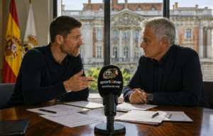 Two football managers discussing transfer market tactics inside a conference room with football documents on the table.