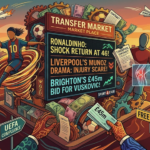 An expressive conceptual graphic detailing the latest football transfer market updates for Sport 4 Ever, showcasing a transfer board with headlines on Ronaldinho, Victor Munoz, and Brighton.