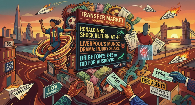 An expressive conceptual graphic detailing the latest football transfer market updates for Sport 4 Ever, showcasing a transfer board with headlines on Ronaldinho, Victor Munoz, and Brighton.