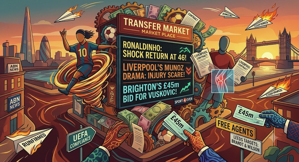 An expressive conceptual graphic detailing the latest football transfer market updates for Sport 4 Ever, showcasing a transfer board with headlines on Ronaldinho, Victor Munoz, and Brighton.