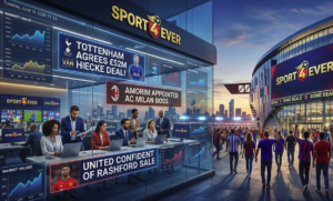Latest football transfer news showing Tottenham agreement, AC Milan coach update, and Manchester United market rumors on Sport 4 Ever.