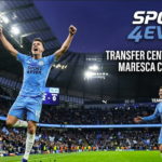 A dynamic sports photograph of a football player in a sky blue kit celebrating on the pitch, representing live football transfer news on Sport 4 Ever.