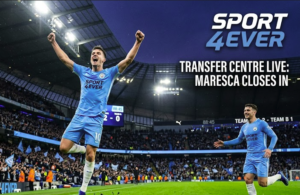 A dynamic sports photograph of a football player in a sky blue kit celebrating on the pitch, representing live football transfer news on Sport 4 Ever.