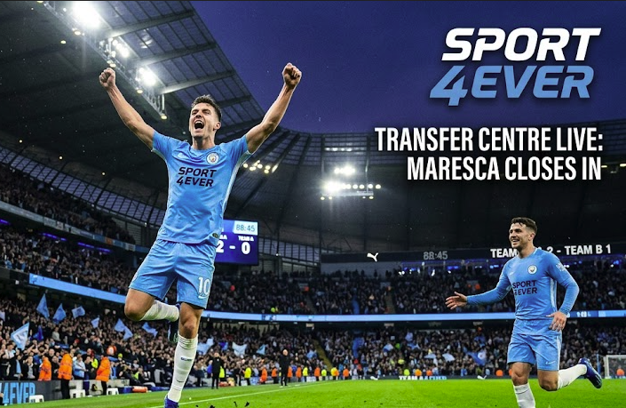 A dynamic sports photograph of a football player in a sky blue kit celebrating on the pitch, representing live football transfer news on Sport 4 Ever.