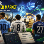 Football transfer market illustration showing major summer transfers, player negotiations and record-breaking deals across Europe