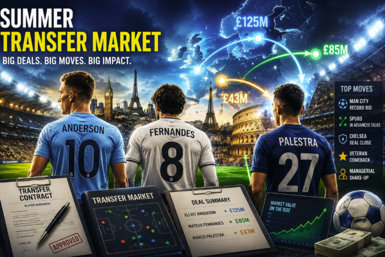 Football transfer market illustration showing major summer transfers, player negotiations and record-breaking deals across Europe
