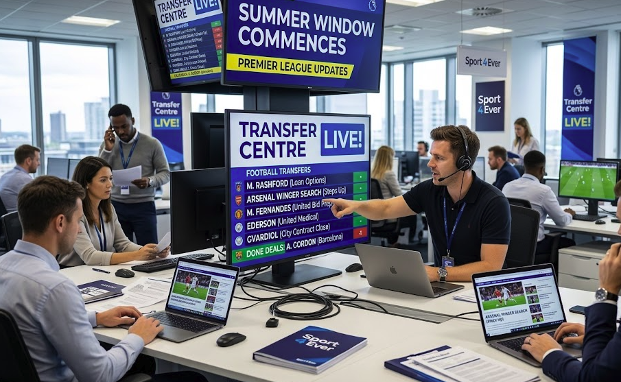 An editorial photo showcasing the newsroom desk as the summer window commences with live transfer updates.