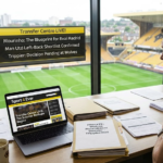 Football recruitment desk overlooking stadium with laptop displaying Sport 4 Ever transfer centre live headlines