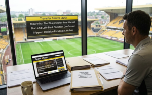 Football recruitment desk overlooking stadium with laptop displaying Sport 4 Ever transfer centre live headlines