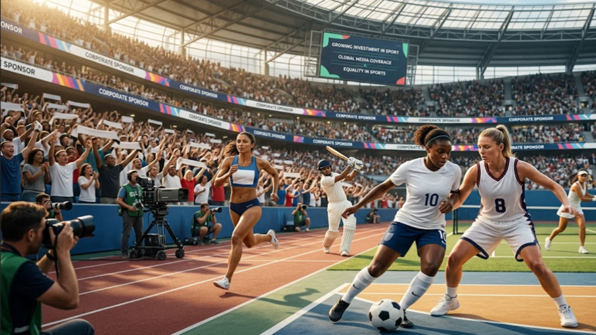 The rise of women’s sports with female athletes competing in a modern stadium