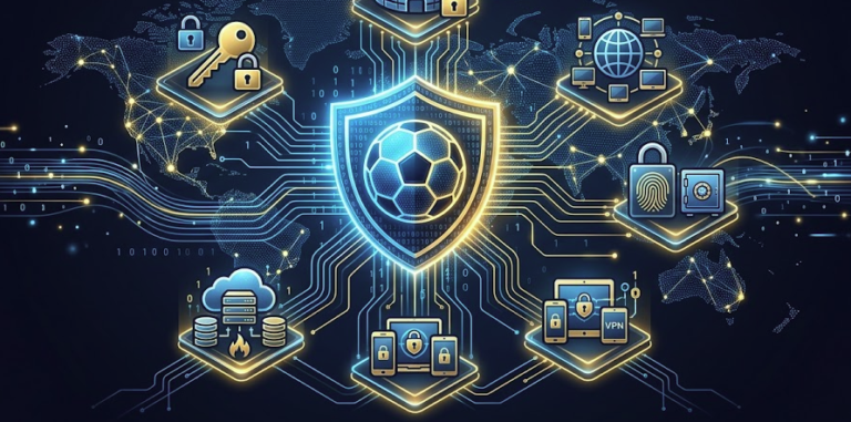 A futuristic cybersecurity infographic for sports fans showing how to use the best vpn services to stream live matches securely and bypass geo-restrictions, featuring Sport 4 Ever.