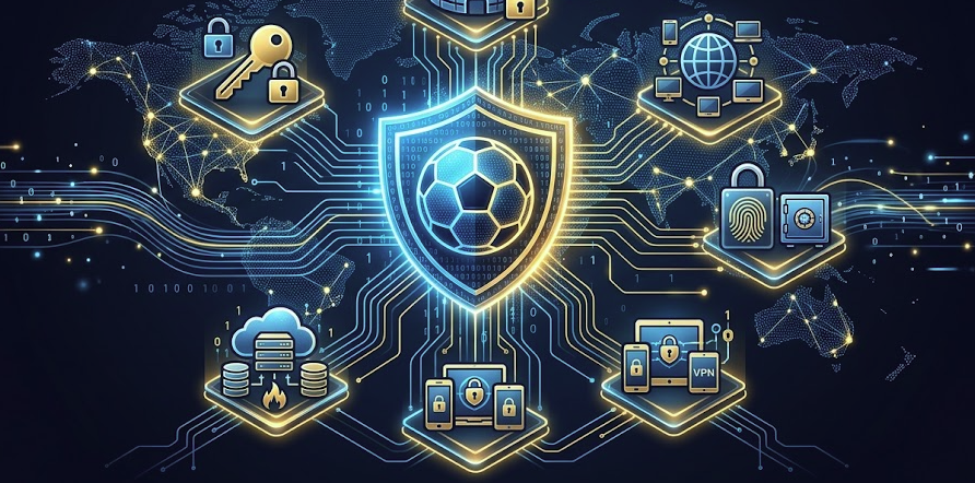 A futuristic cybersecurity infographic for sports fans showing how to use the best vpn services to stream live matches securely and bypass geo-restrictions, featuring Sport 4 Ever.