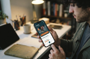 A close-up view of a US gig worker using the Cashably financial tools app on his smartphone, with his face reflected in the screen.