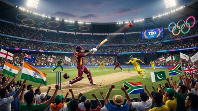 Cricket's Olympic comeback with international players competing in a T20 match inside a packed stadium