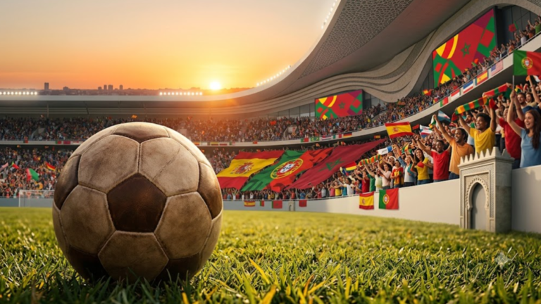 FIFA World Cup 2030 hosts Spain Portugal and Morocco with a football stadium background