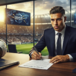 Football transfer news showing a player signing a contract during the summer transfer window