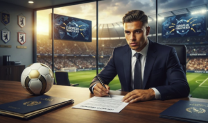 Football transfer news showing a player signing a contract during the summer transfer window