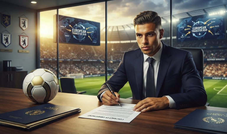 Football transfer news showing a player signing a contract during the summer transfer window